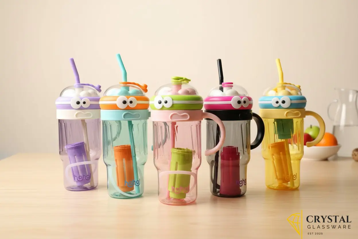 Colorful large capacity cartoon eye-themed sport water bottles with straws